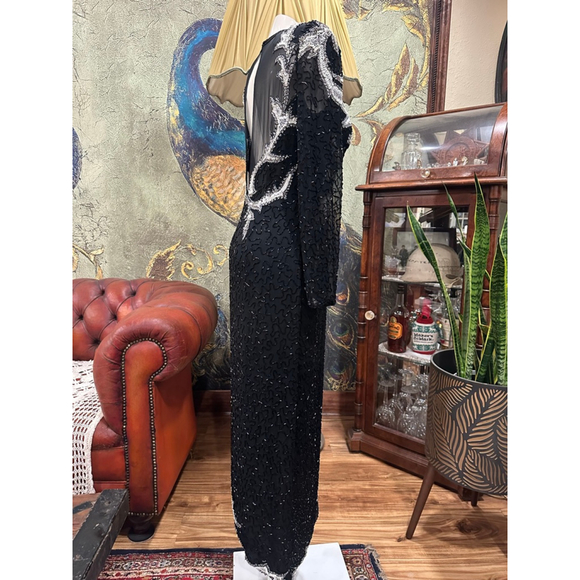 A.J. Bari Vintage 100% Silk Beaded Sequin Gown 80s 90s Asymmetric M - Picture 7 of 16